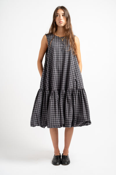 Checked Balloon Dress in Navy + Orange