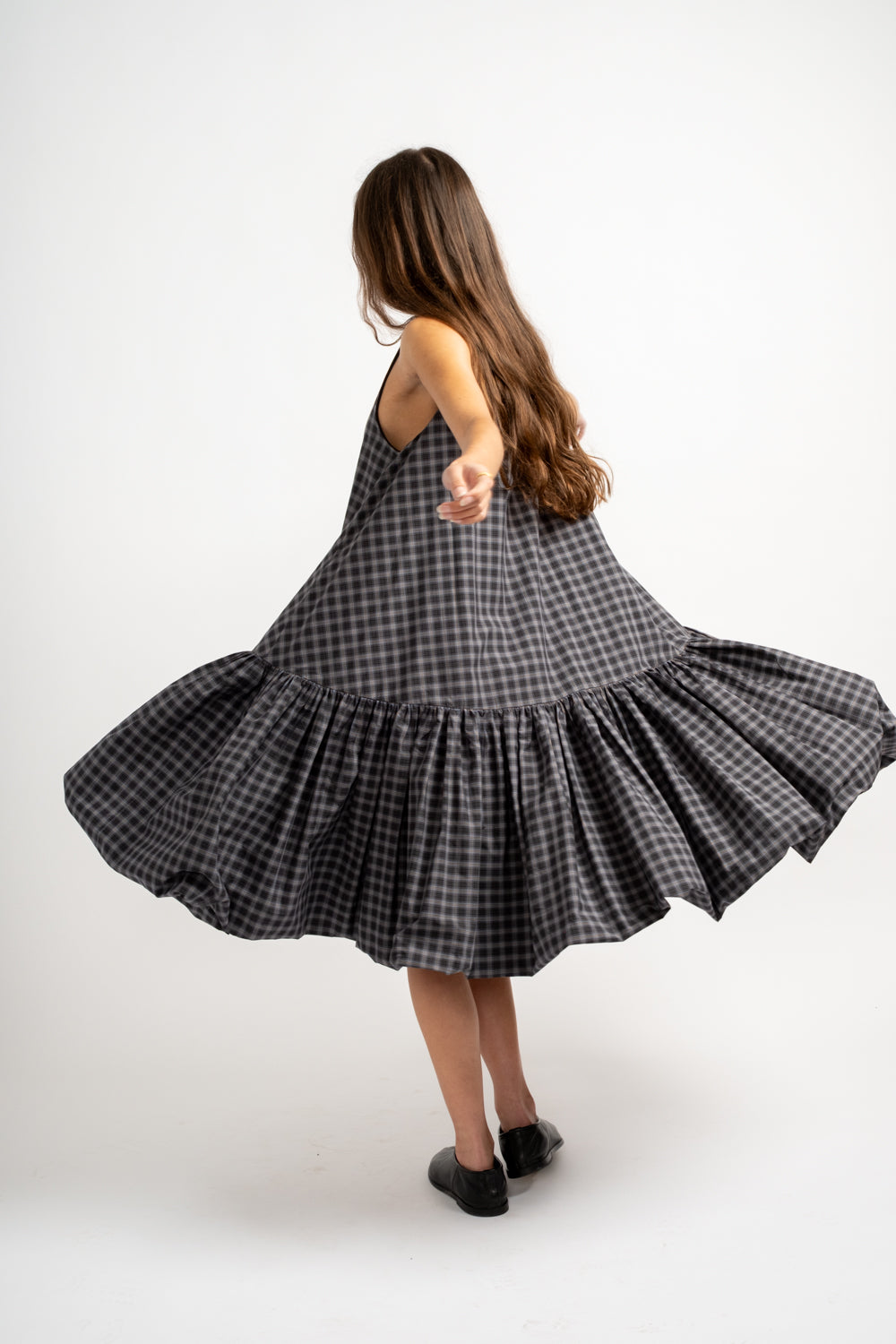 Checked Balloon Dress in Navy + Orange
