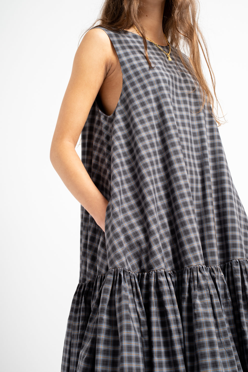 Checked Balloon Dress in Navy + Orange