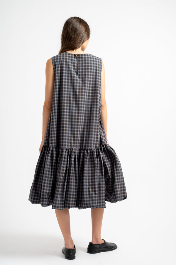 Checked Balloon Dress in Navy + Orange