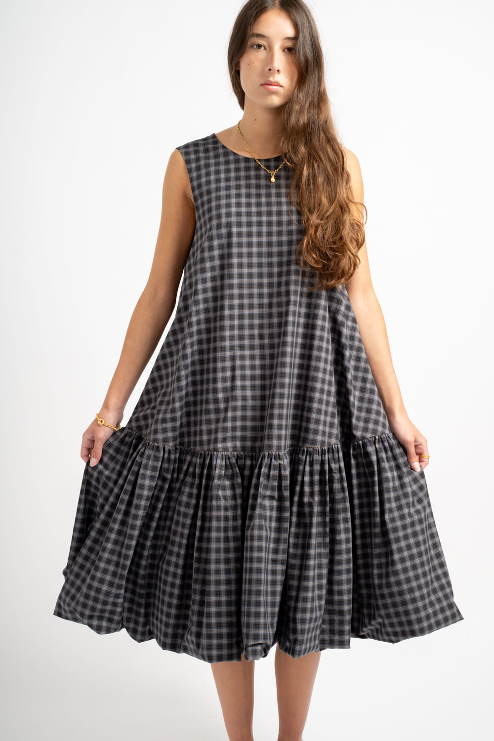 Checked Balloon Dress in Navy + Orange