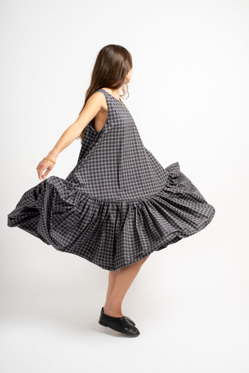 Checked Balloon Dress in Navy + Orange