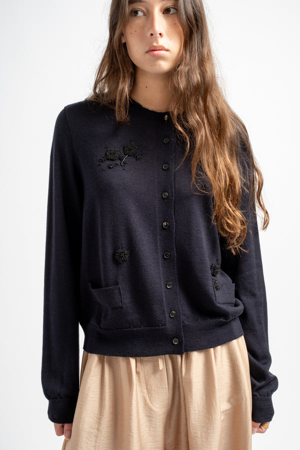 Merino Wool Embellished Cardigan in Navy
