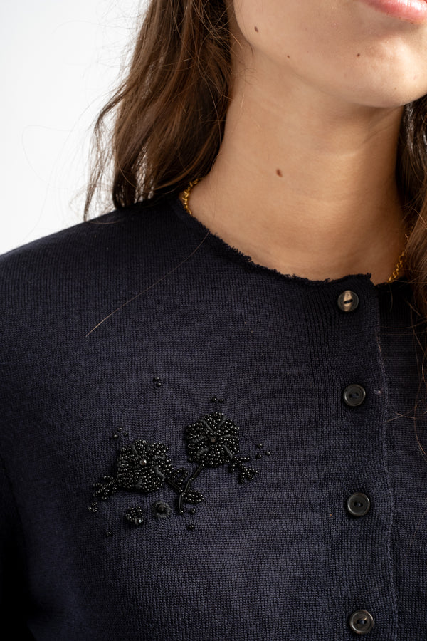 Merino Wool Embellished Cardigan in Navy