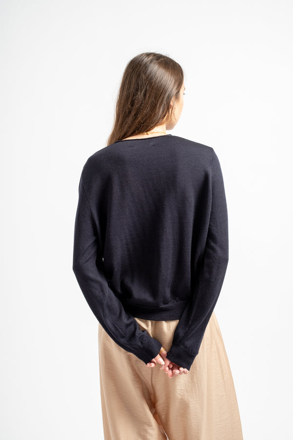 Merino Wool Embellished Cardigan in Navy