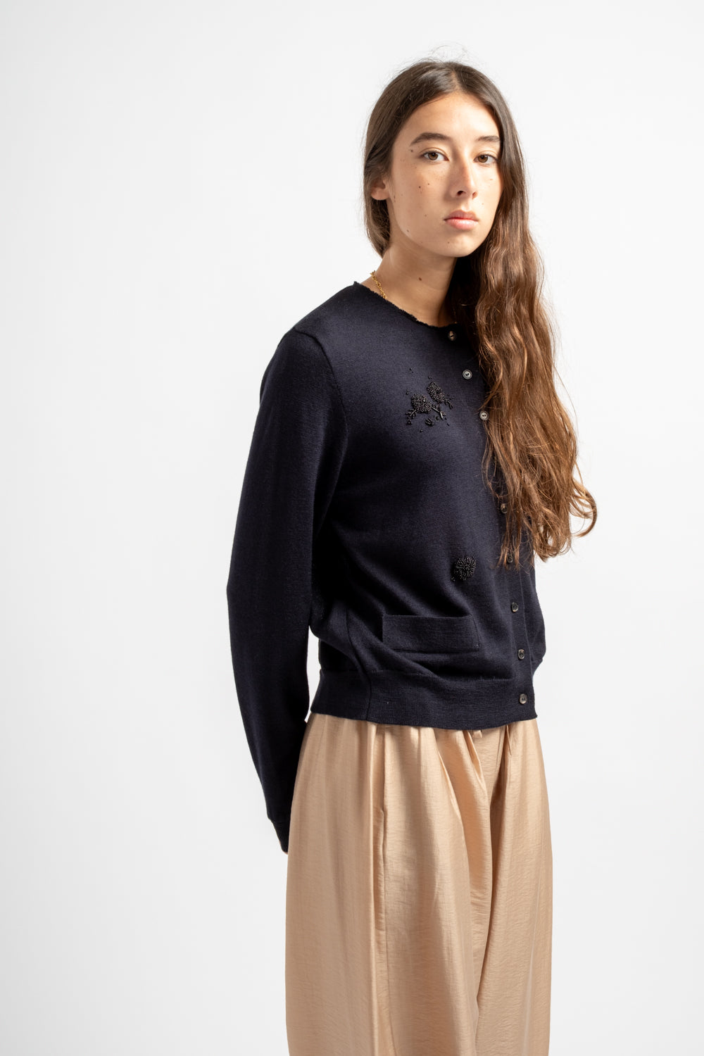 Merino Wool Embellished Cardigan in Navy
