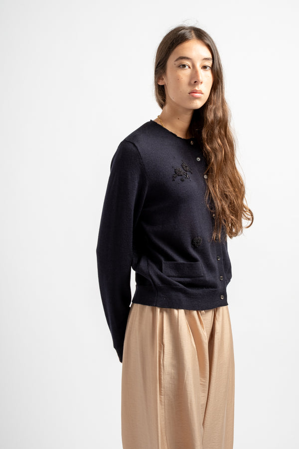 Merino Wool Embellished Cardigan in Navy