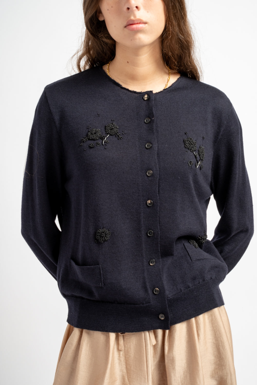 Merino Wool Embellished Cardigan in Navy