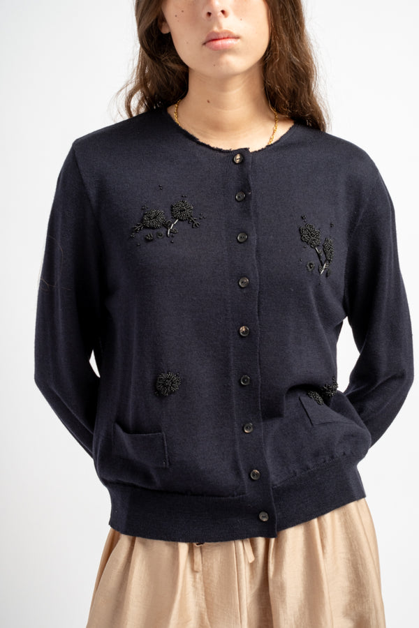 Merino Wool Embellished Cardigan in Navy