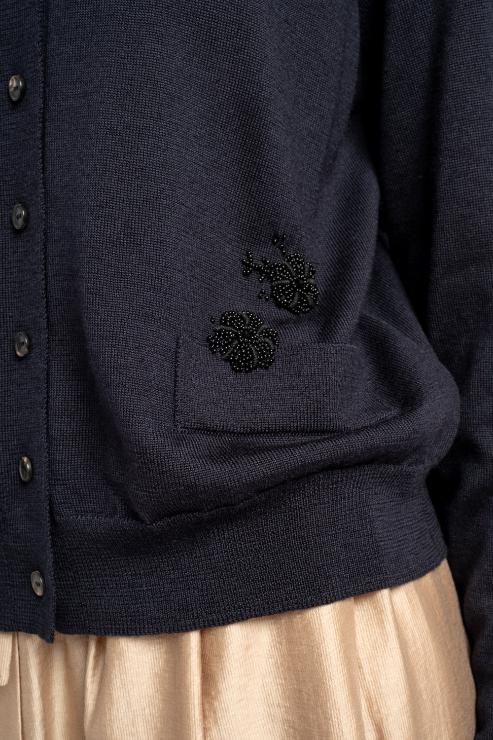 Merino Wool Embellished Cardigan in Navy