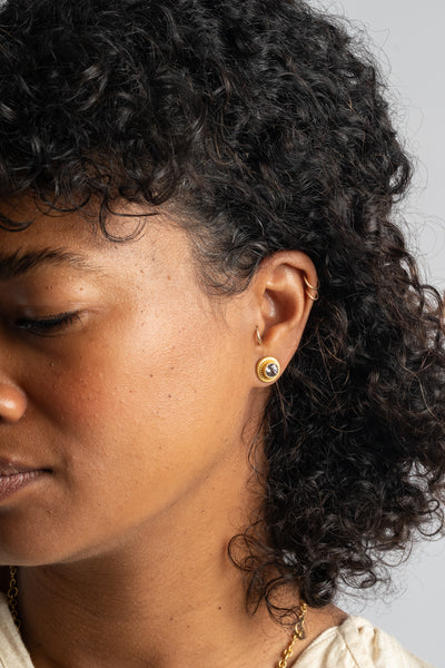 Bezel Round Grey Spinel Stud Earrings