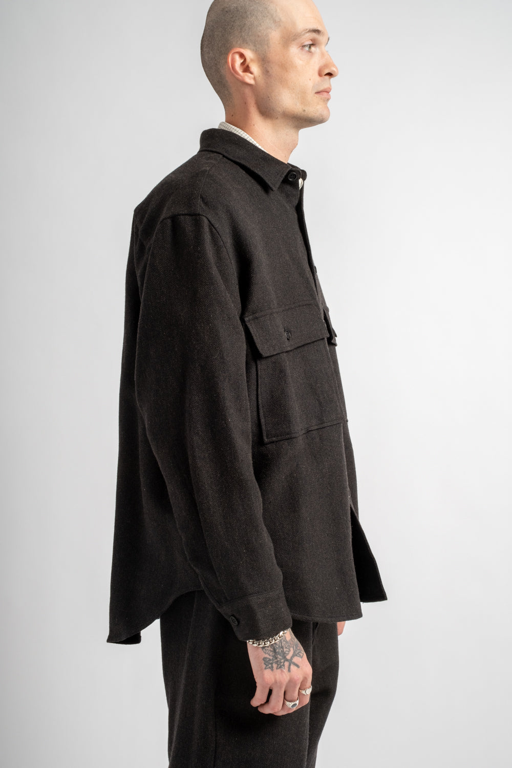 Big Shirt Wool Linen Herringbone Black/Brown