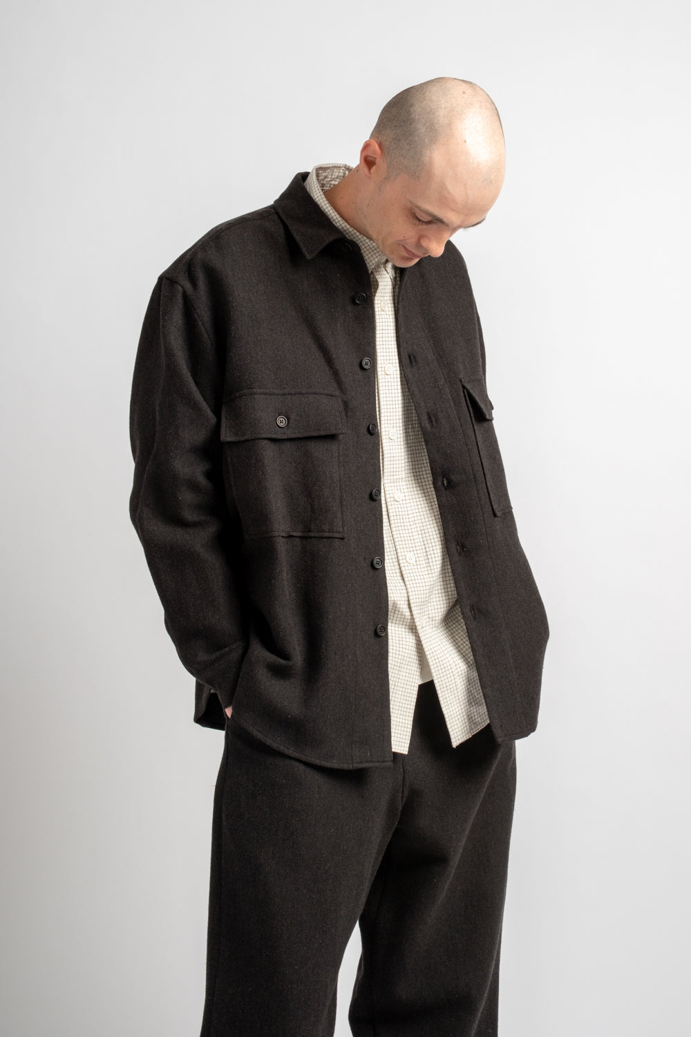Big Shirt Wool Linen Herringbone Black/Brown