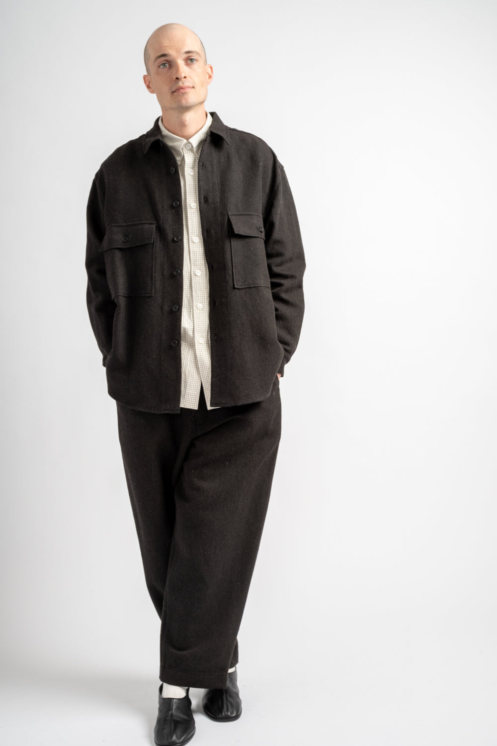 Big Shirt Wool Linen Herringbone Black/Brown