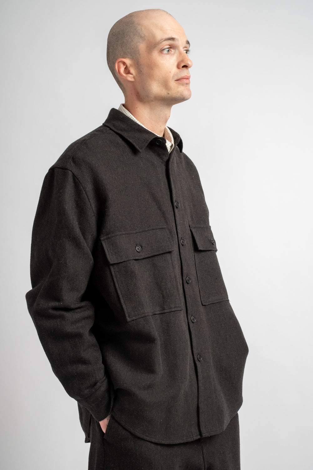 Big Shirt Wool Linen Herringbone Black/Brown