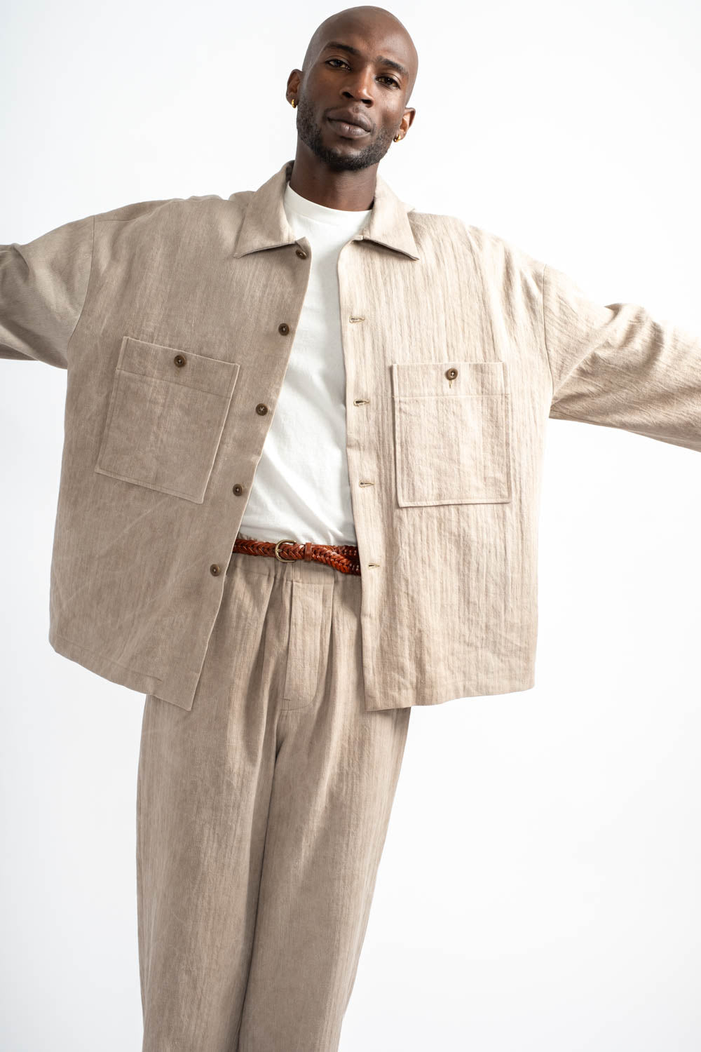 Elastic Pant Linen Cotton H-Bone in Dark Beige