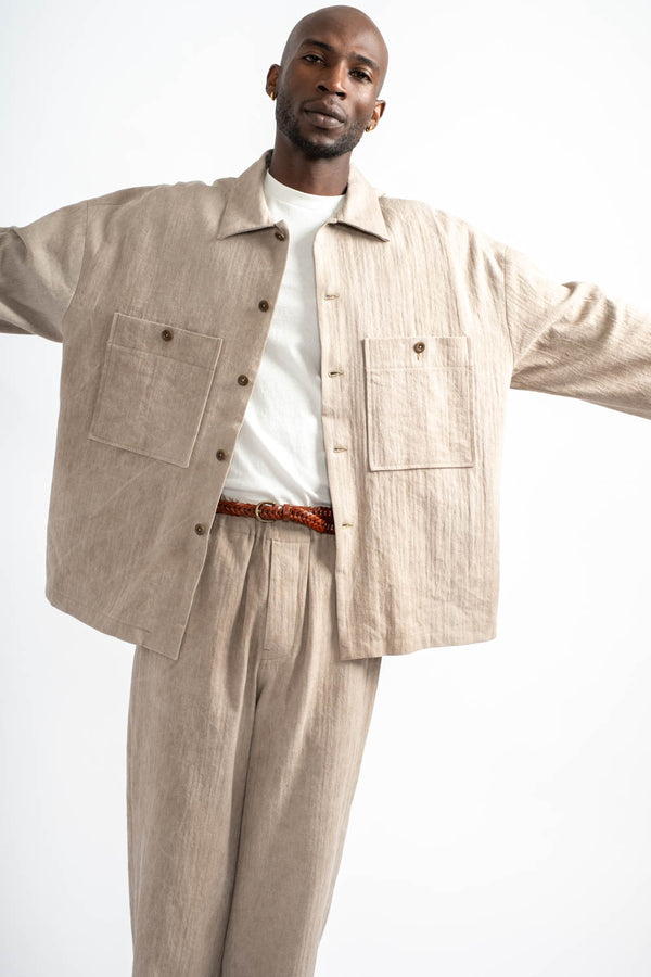 Elastic Pant Linen Cotton H-Bone in Dark Beige