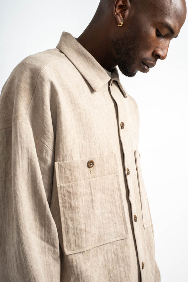 Field Shirt Two Linen Cotton H-Bone in Dark Beige