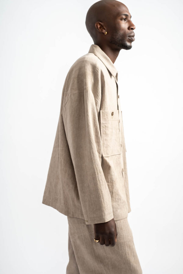 Field Shirt Two Linen Cotton H-Bone in Dark Beige
