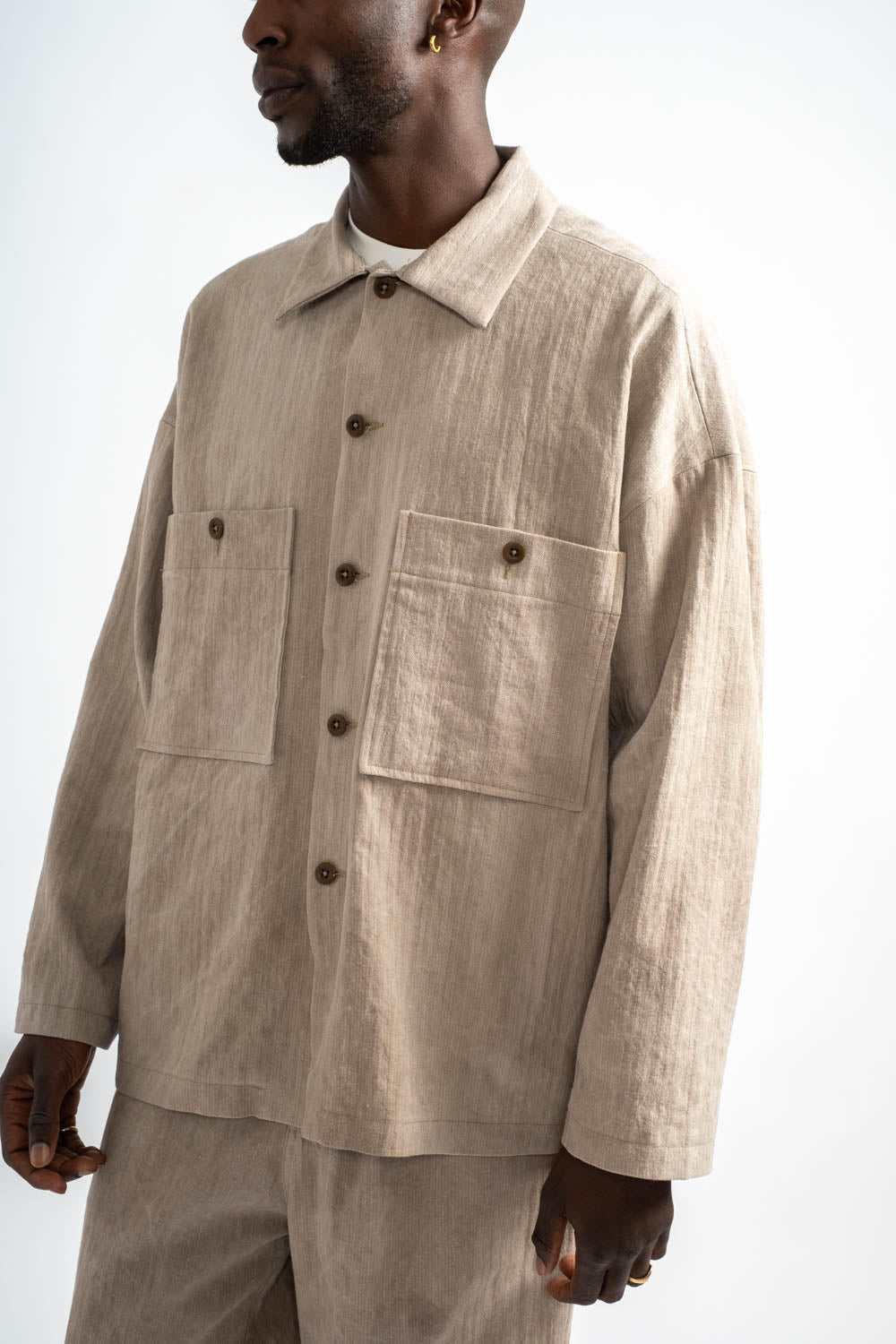 Field Shirt Two Linen Cotton H-Bone in Dark Beige