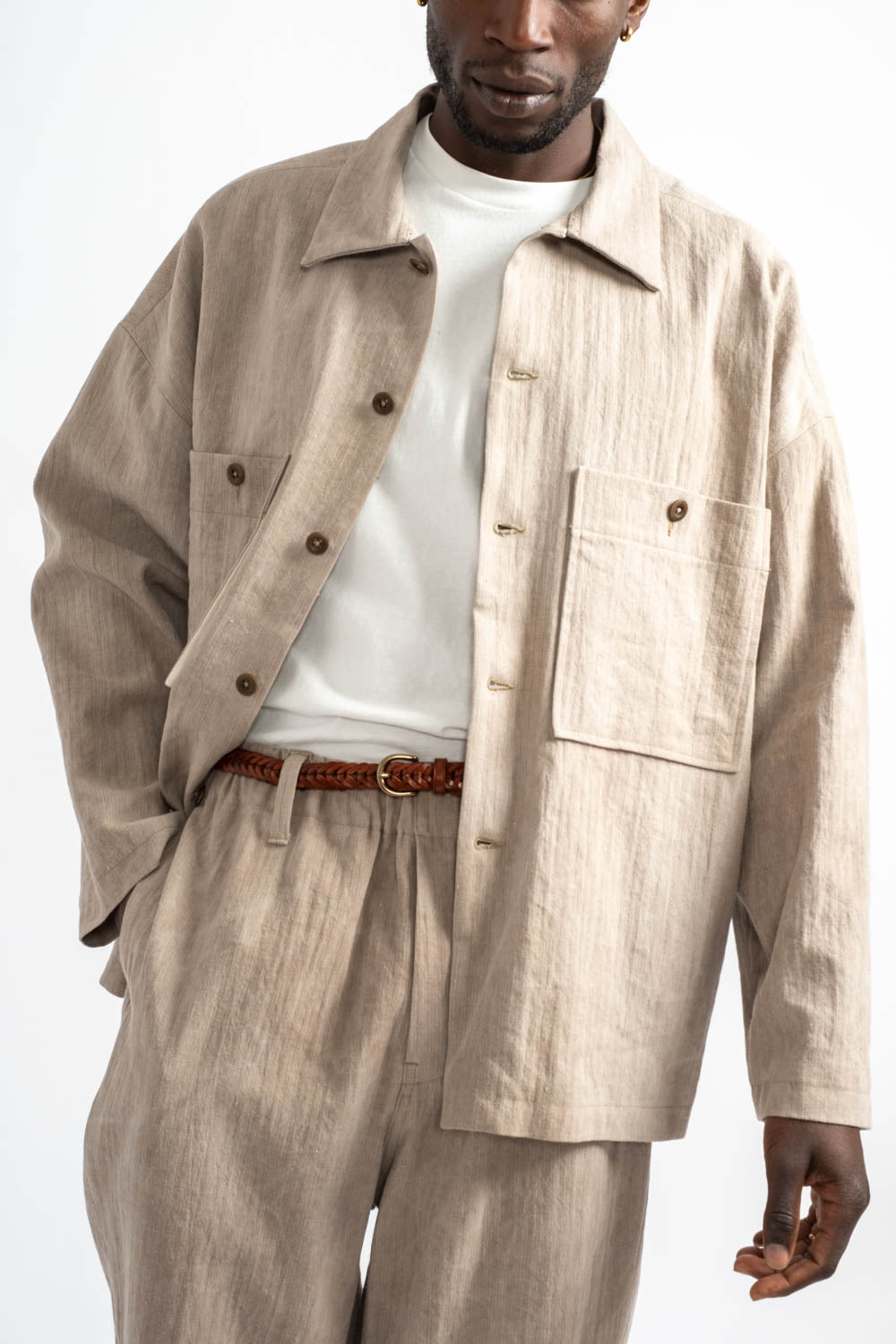 Field Shirt Two Linen Cotton H-Bone in Dark Beige