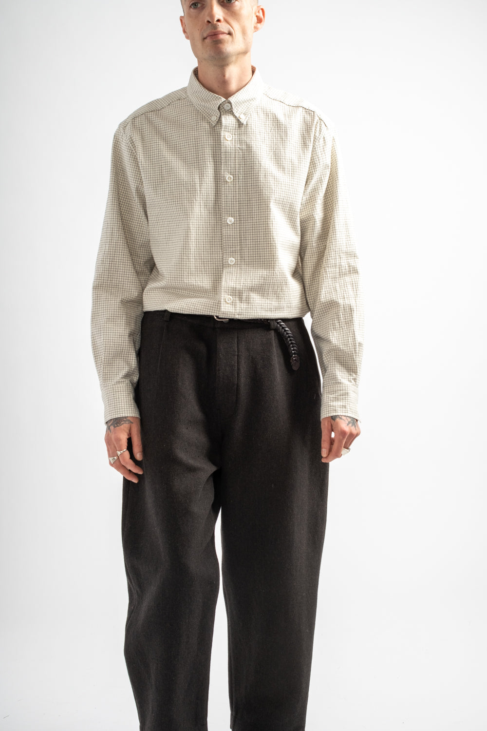 Single Pleat Pant Wool/Linen Herringbone Black/Brown