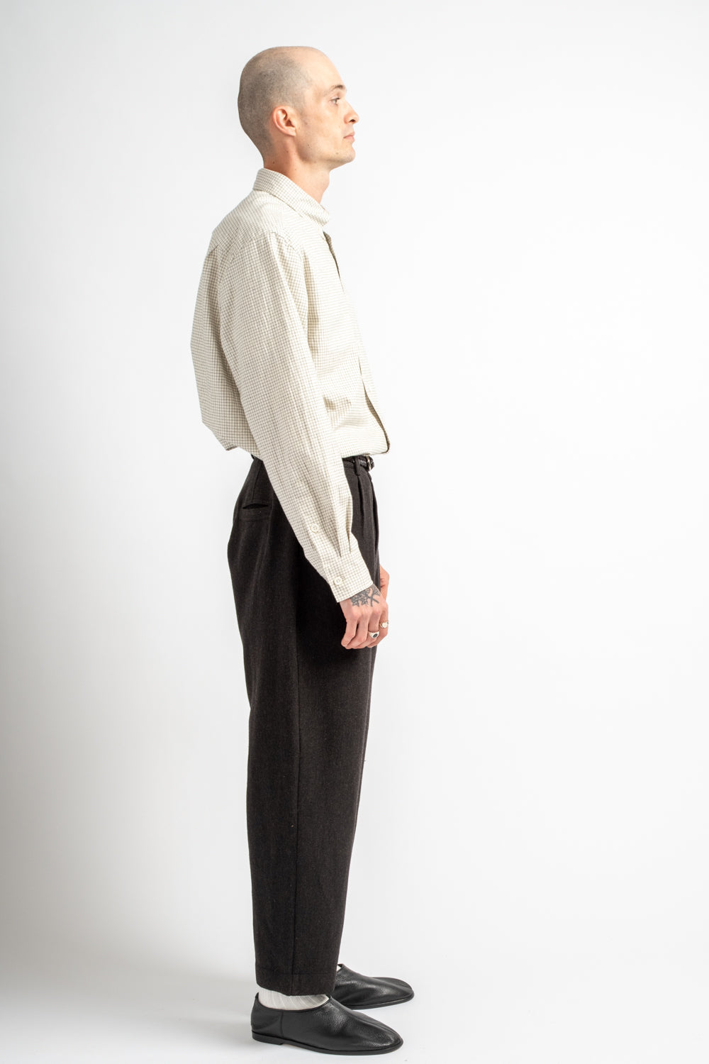 Single Pleat Pant Wool/Linen Herringbone Black/Brown