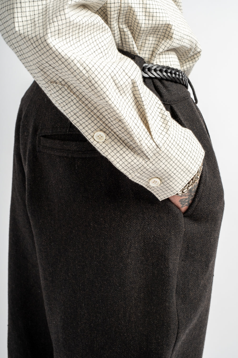 Single Pleat Pant Wool/Linen Herringbone Black/Brown