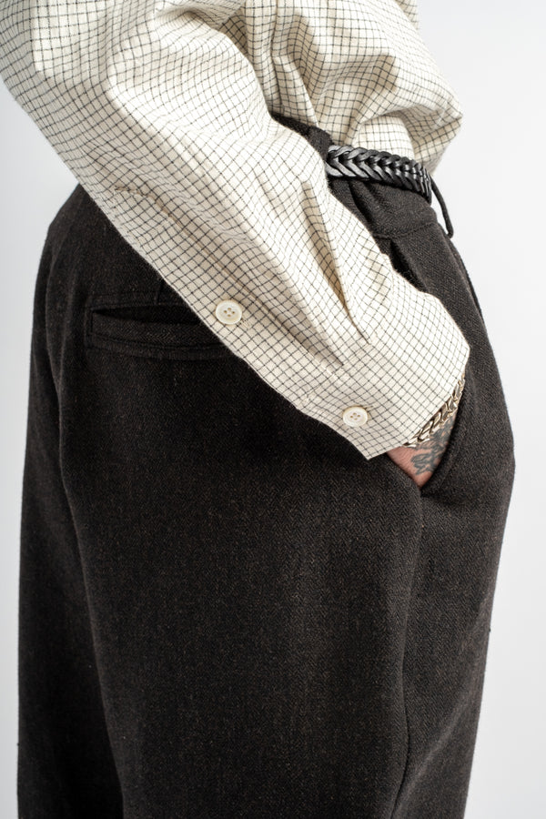 Single Pleat Pant Wool/Linen Herringbone Black/Brown