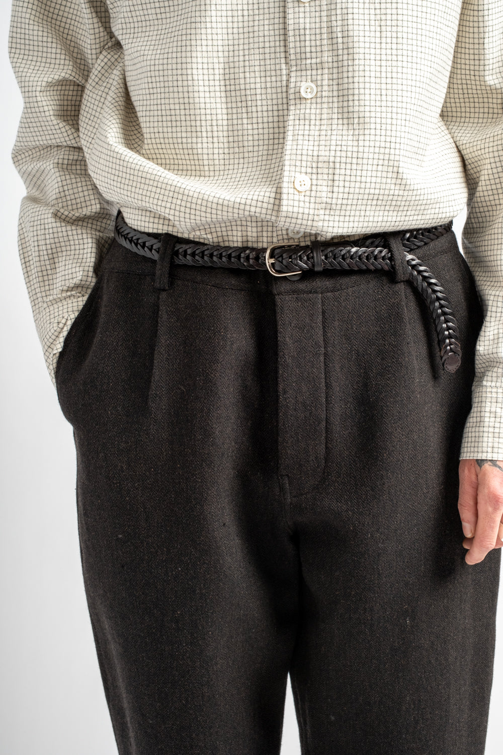 Single Pleat Pant Wool/Linen Herringbone Black/Brown