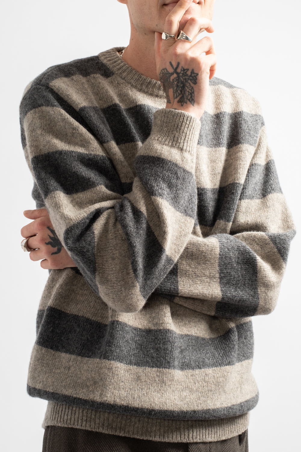 Striped Sweater Top Dyed Wool Charcoal/Light Grey