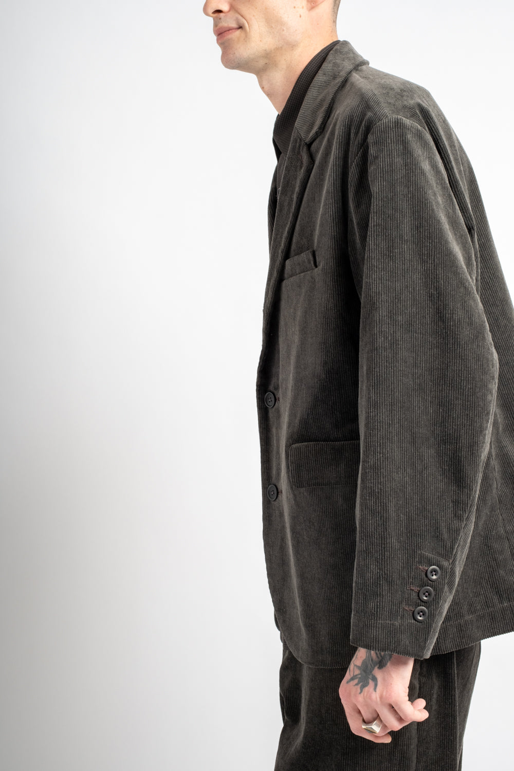 Three Button Jacket Carbon Dyed Corduroy Charcoal