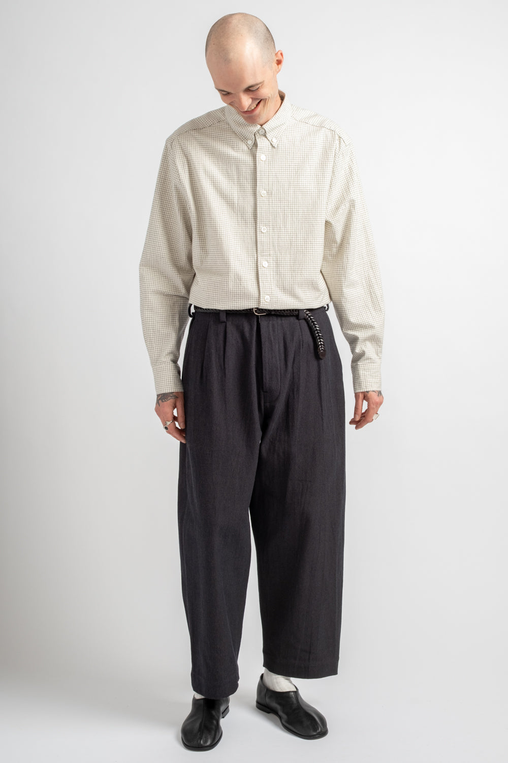 Two Pleat Pant Yarn Dyed Cotton Twill Navy/Grey