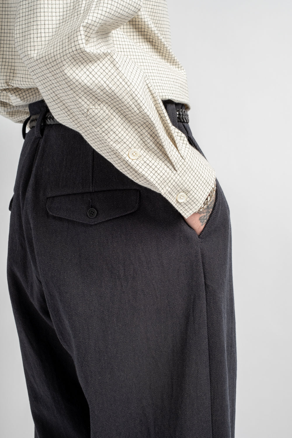 Two Pleat Pant Yarn Dyed Cotton Twill Navy/Grey