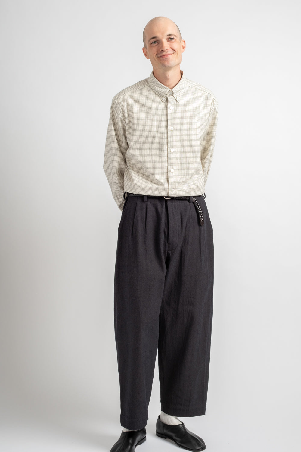 Two Pleat Pant Yarn Dyed Cotton Twill Navy/Grey
