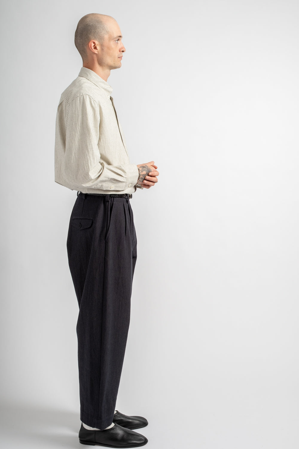 Two Pleat Pant Yarn Dyed Cotton Twill Navy/Grey