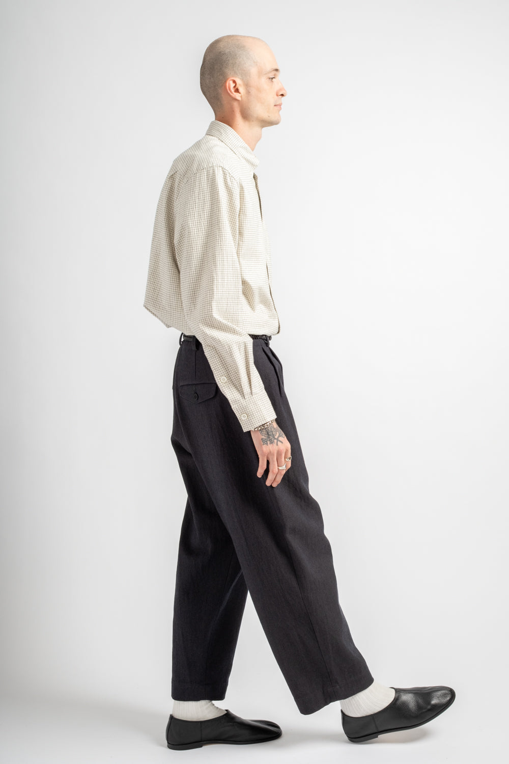 Two Pleat Pant Yarn Dyed Cotton Twill Navy/Grey