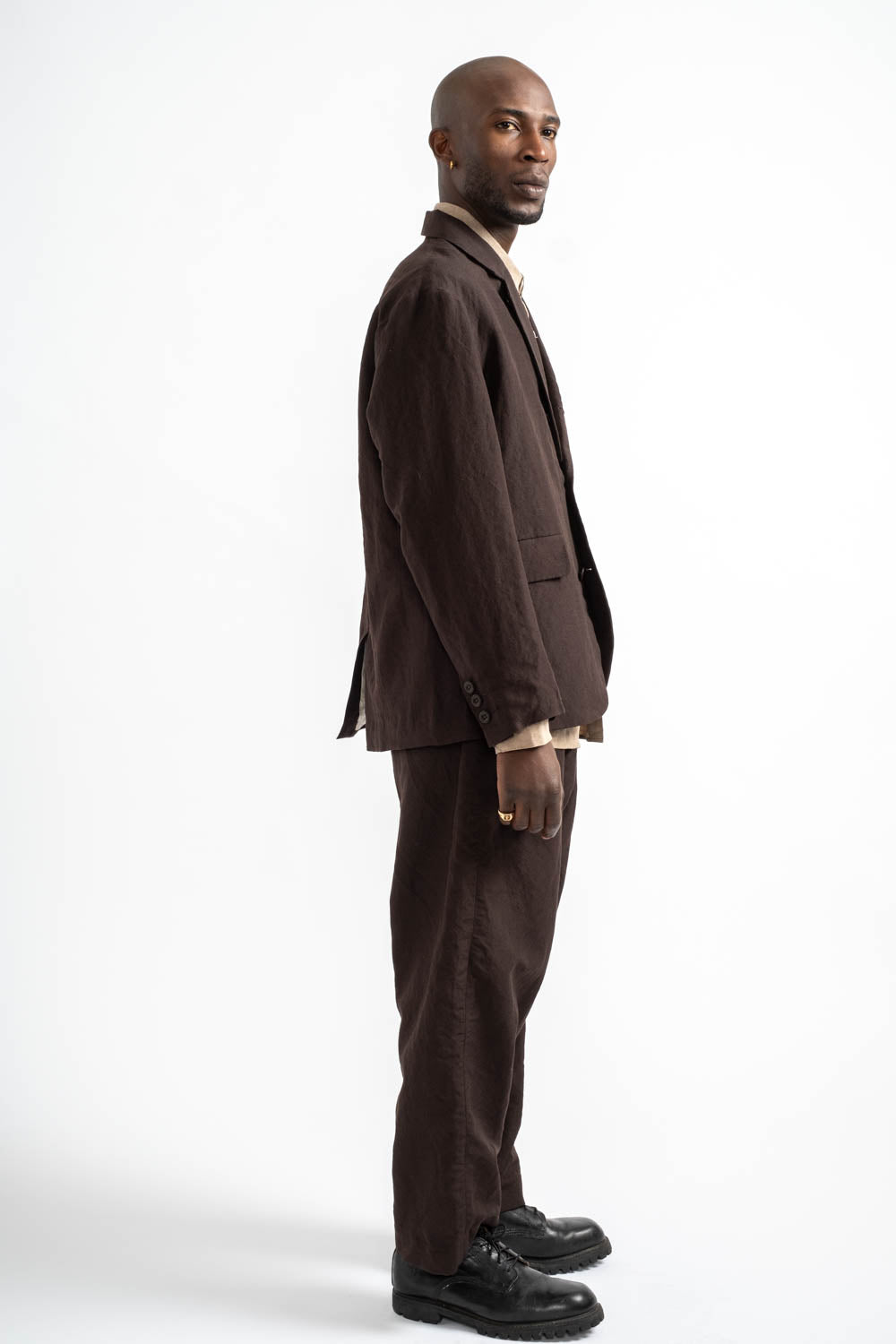 EVAN KINORI | Three Button Jacket Wool Linen Canvas in Dark Brown