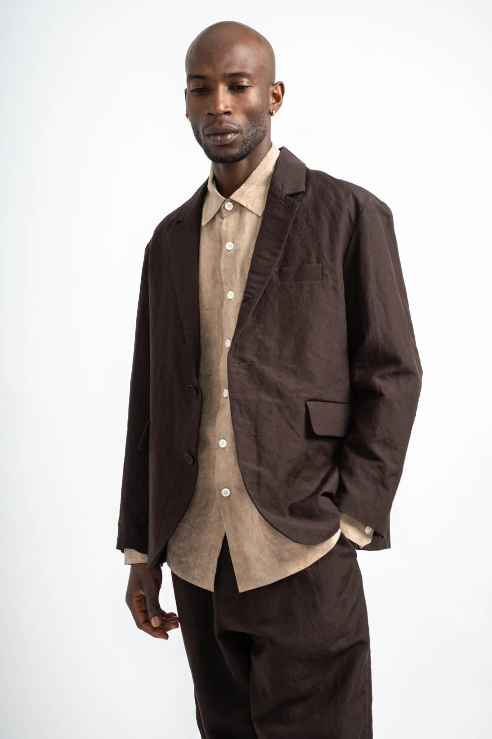 Three Button Jacket Wool Linen Canvas in Dark Brown