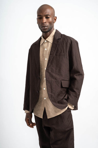 Three Button Jacket Wool Linen Canvas in Dark Brown