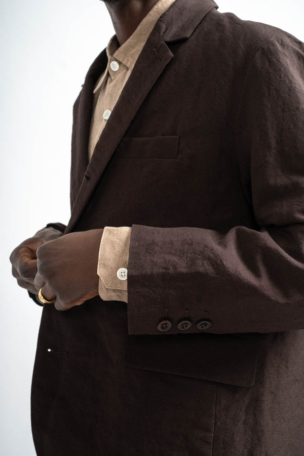 Three Button Jacket Wool Linen Canvas in Dark Brown