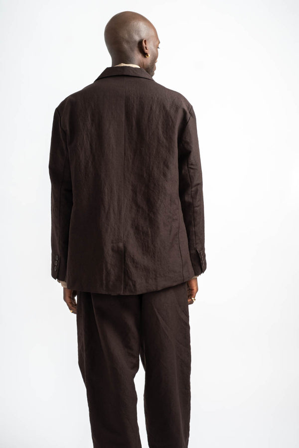 Three Button Jacket Wool Linen Canvas in Dark Brown