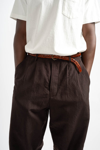 Two Pleat Pant Wool Linen Canvas in Dark Brown