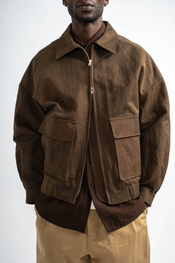 Zip Jacket Two Cotton Washi Canvas in Dark Olive