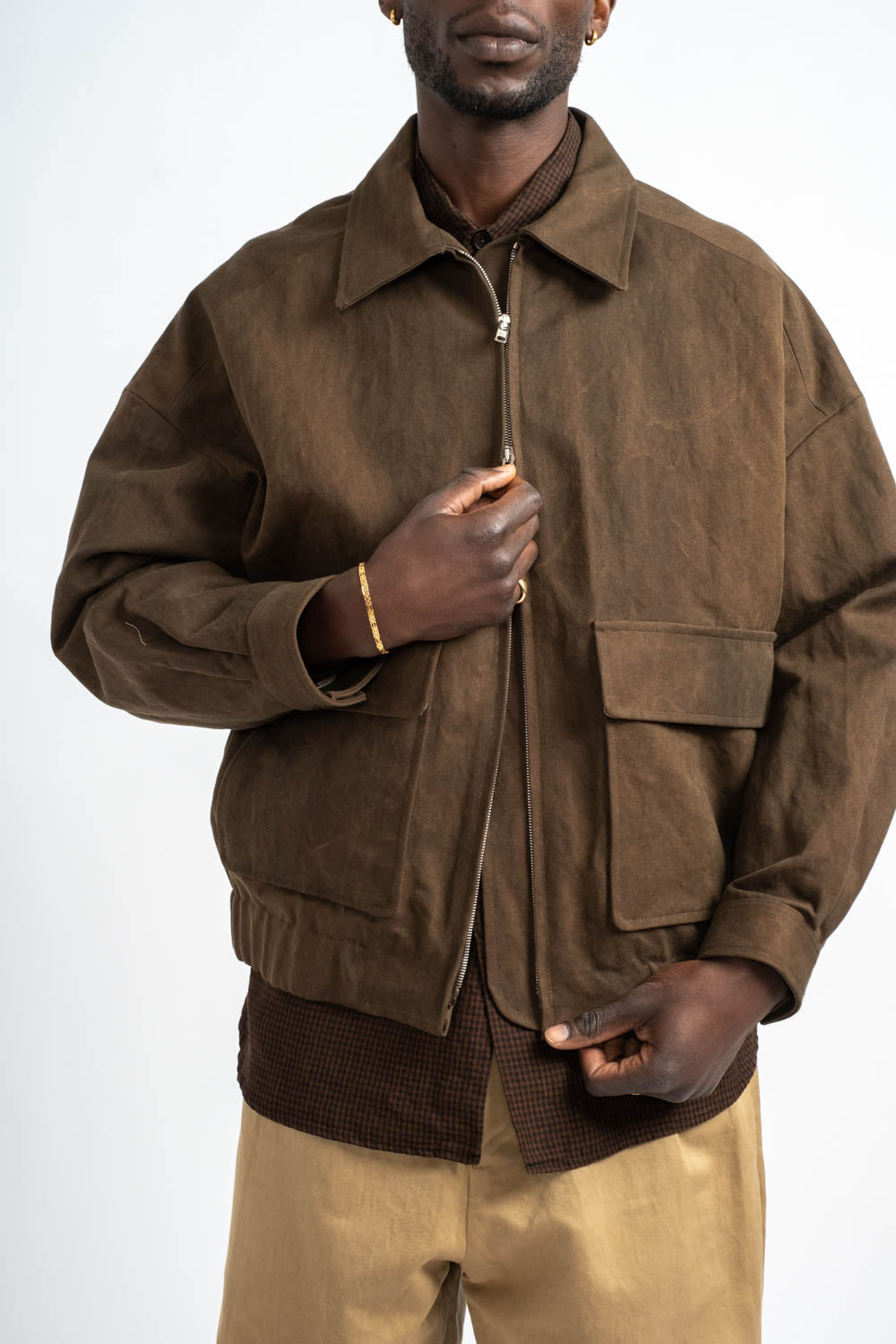 Zip Jacket Two Cotton Washi Canvas in Dark Olive