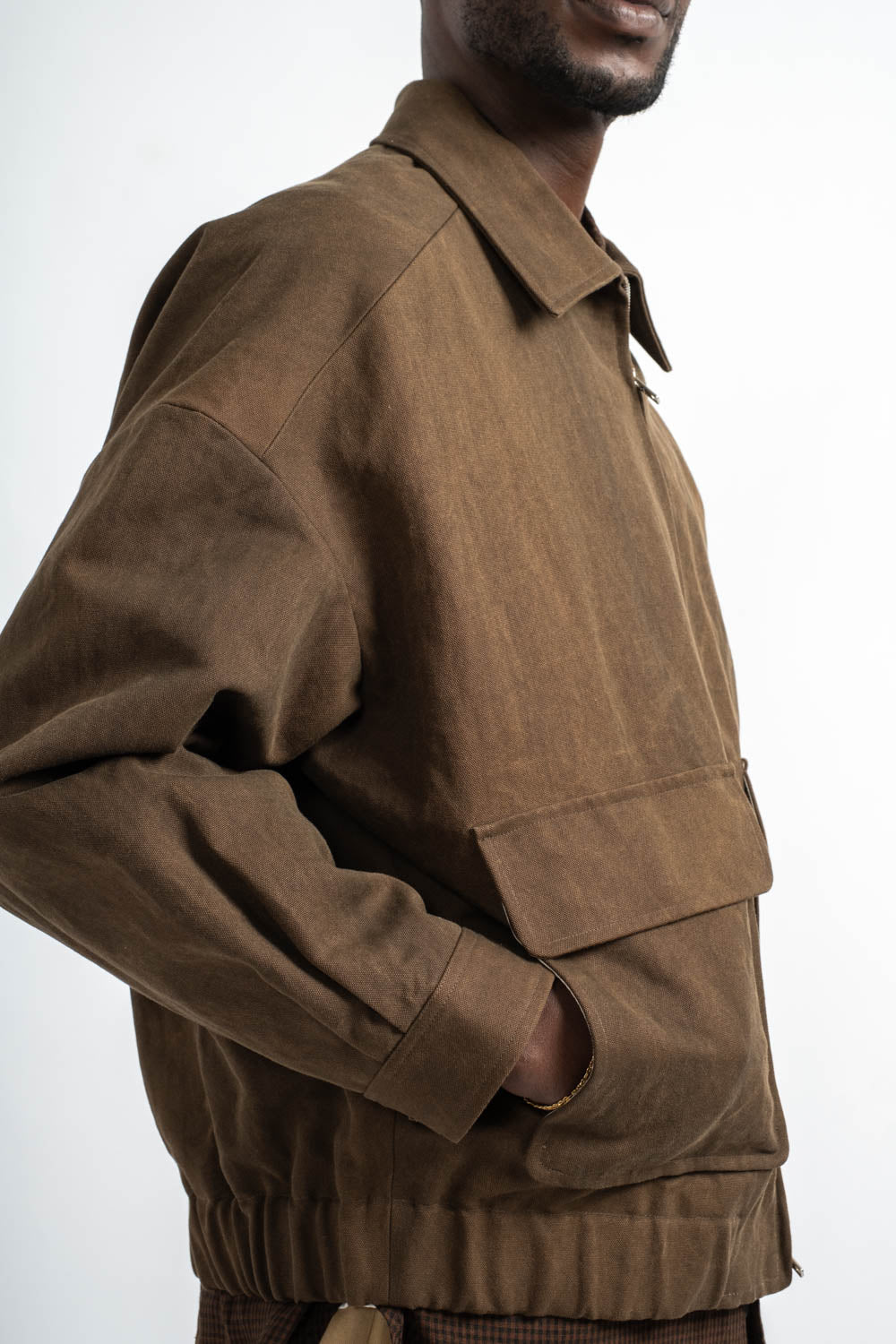 Zip Jacket Two Cotton Washi Canvas in Dark Olive