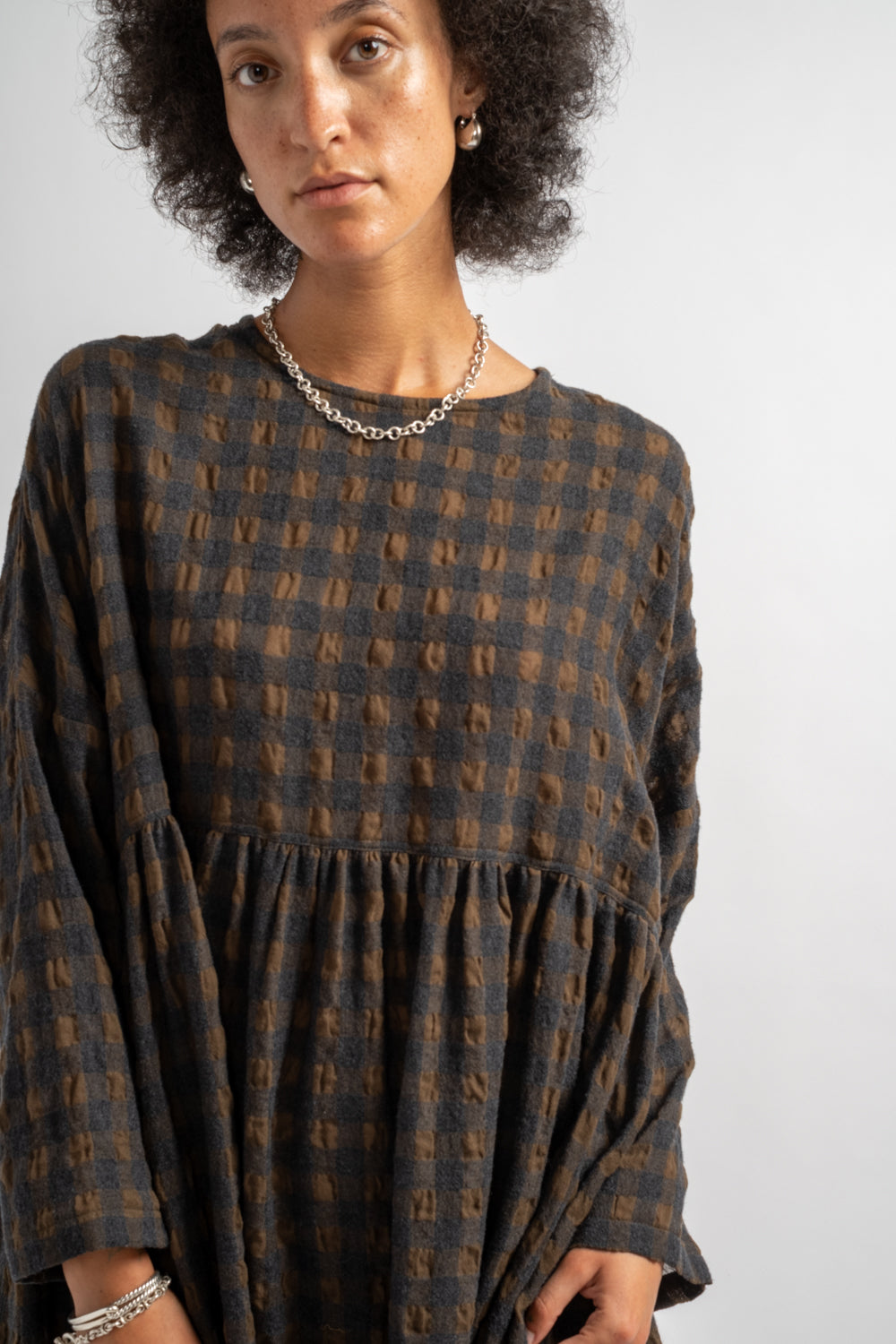 Gingham Check Dress in Khaki + Charcoal