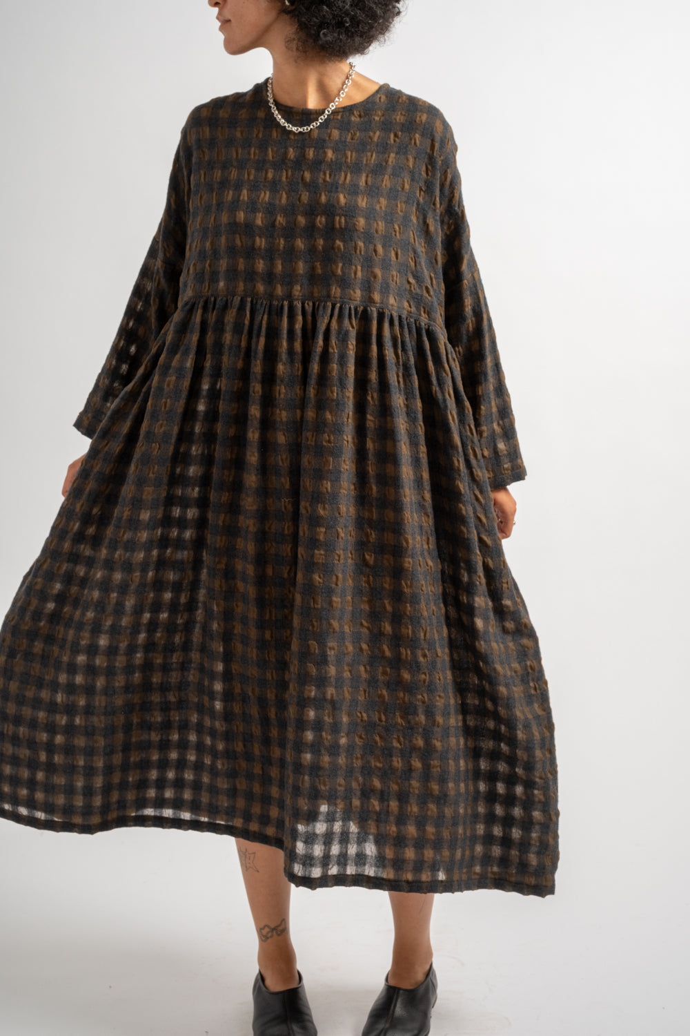 Gingham Check Dress in Khaki + Charcoal