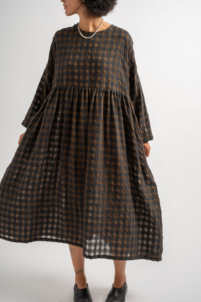 Gingham Check Dress in Khaki + Charcoal