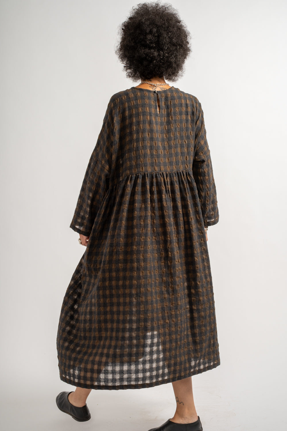 Gingham Check Dress in Khaki + Charcoal